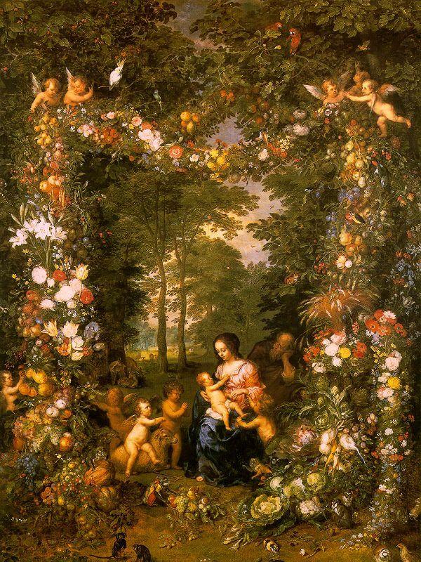 Jan Brueghel Holy Family in a Flower Fruit Wreath oil painting picture
